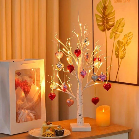 Valentines Day Decor Lighted Birch Tree with Heart Ornaments
